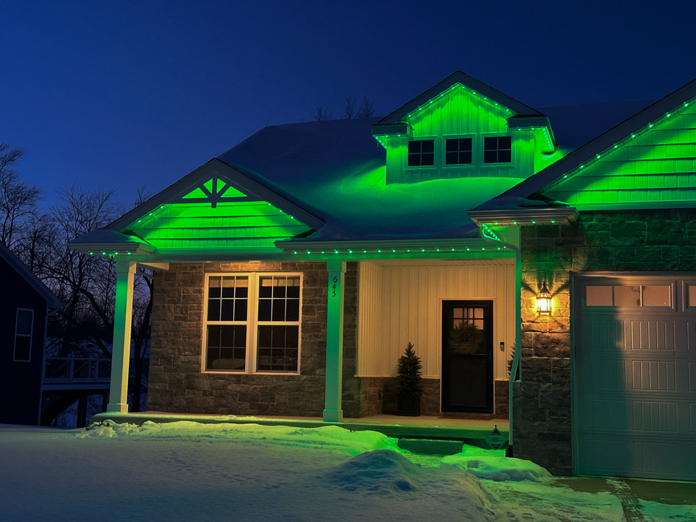Permanent outdoor lighting result showing clean roofline illumination